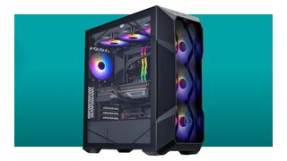 An image of a Cooler Master TD5 Pro gaming PC against a teal background with a white border.