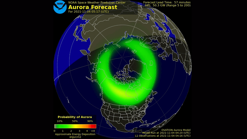 The northern lights could heat up the next couple of nights during a strong geomagnetic storm. Here, the brightness and location of the aurora is shown as a green oval centered on Earth&rsquo;s magnetic pole.&nbsp;The green ovals turn red when the aurora is forecasted to be more intense.&nbsp;