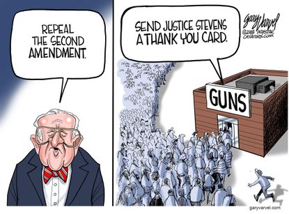 Political cartoon U.S. Justice Stevens second amendment repeal NRA gun panic