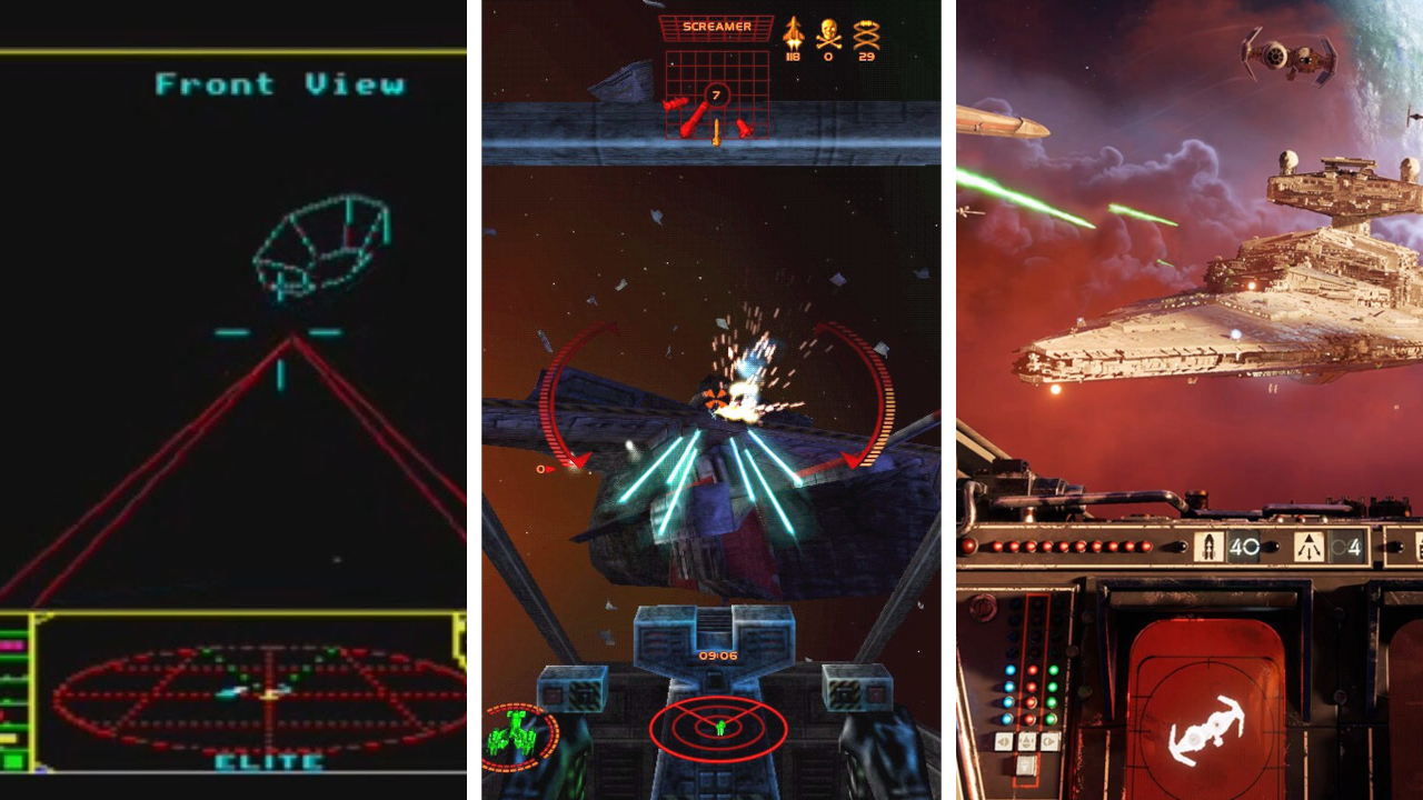 Split image showing three space simulator games from three different eras: Elite (1984), Starlancer (2000), and Star Wars Squadrons (2020).
