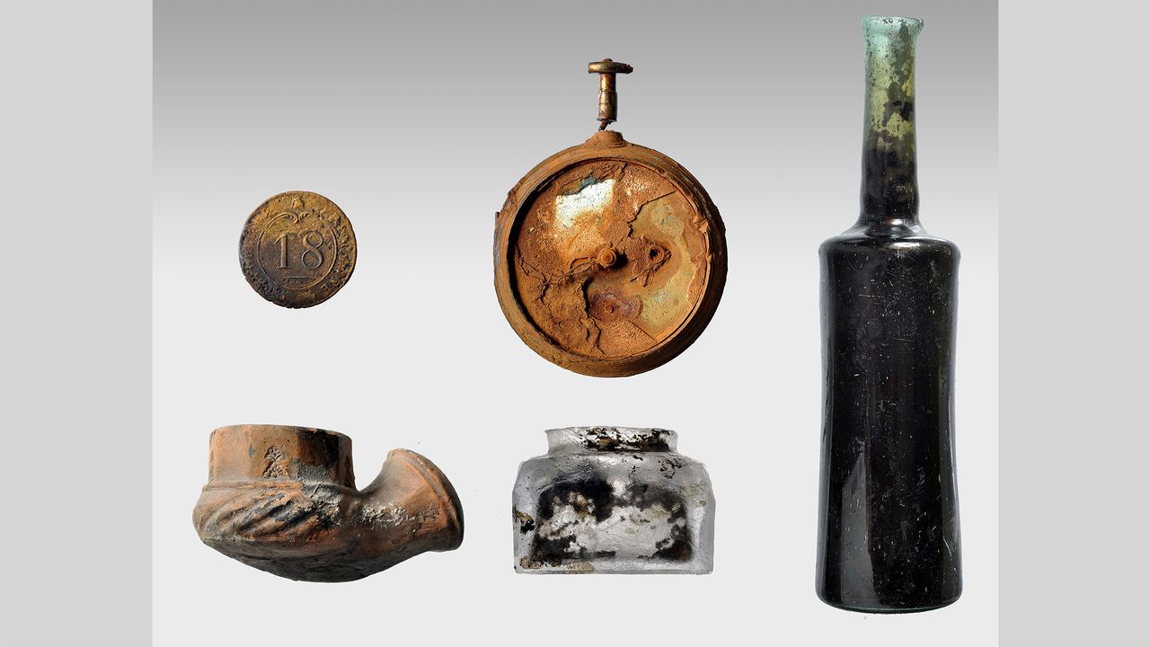 Archaeological expeditions to the wreck of the Mentor in previous years have recovered numerous objects, including coins bottles, part of a watch, and part of a clay pipe.