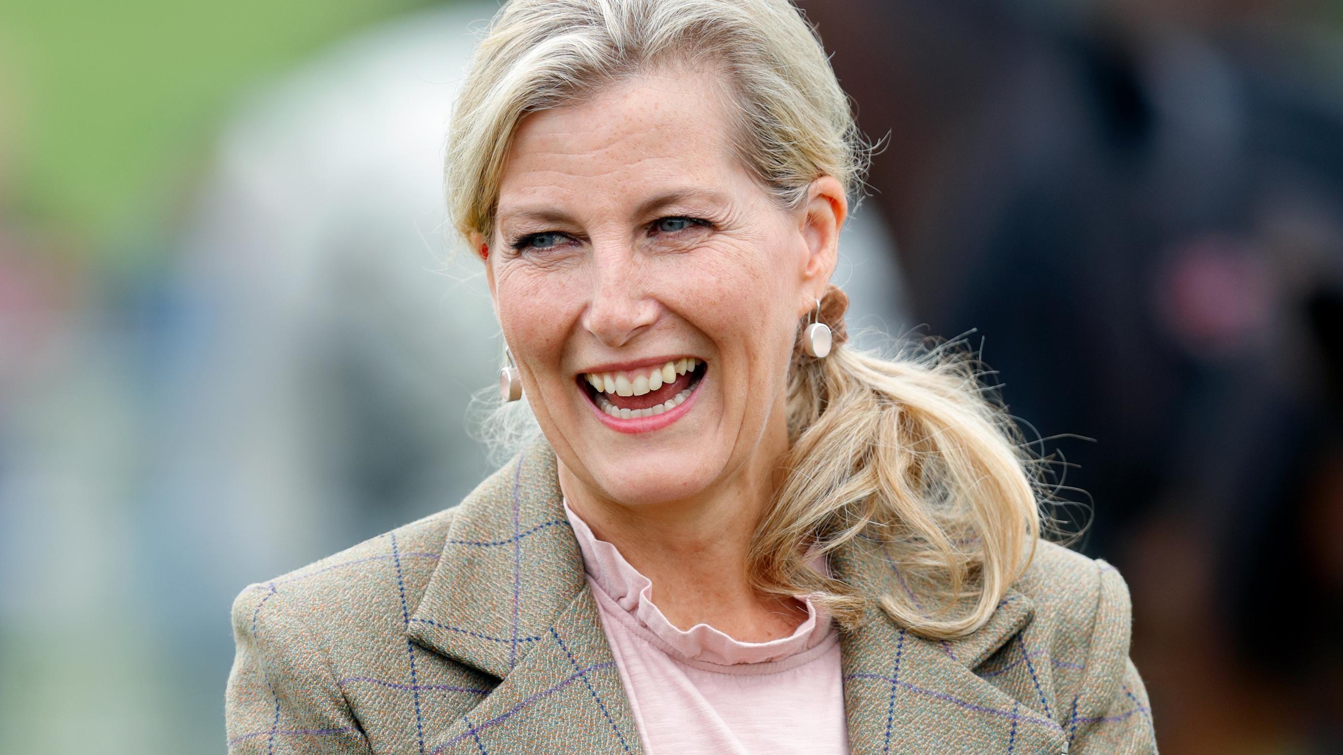 Sophie, Duchess of Edinburgh visits the Westmorland County Show on September 9, 2021 wearing a pink jumper