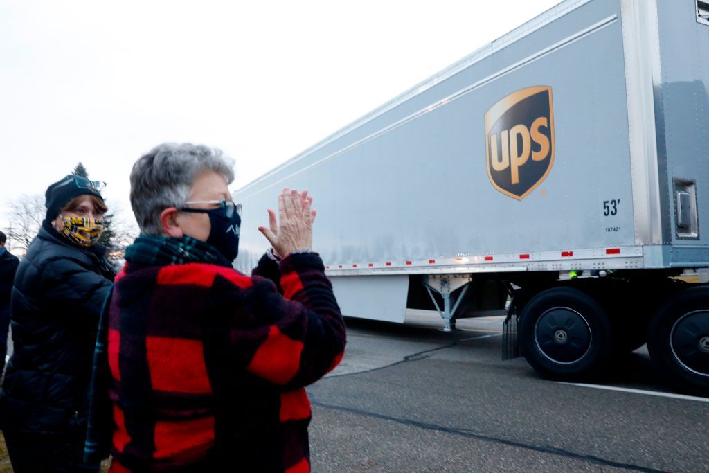 Trucks carrying the first shipment of the Pfizer Covid-19 vaccine.