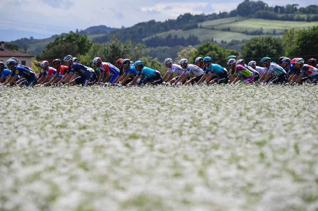 TOPSHOT The pack rides through the country side during the fifth stage of the Giro dItalia 2021 cycling race 177 km between Modena and Cattolica EmiliaRomagna on May 12 2021 Photo by Dario BELINGHERI AFP Photo by DARIO BELINGHERIAFP via Getty Images
