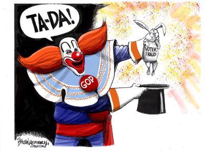 Political Cartoon U.S. gop voter fraud clown