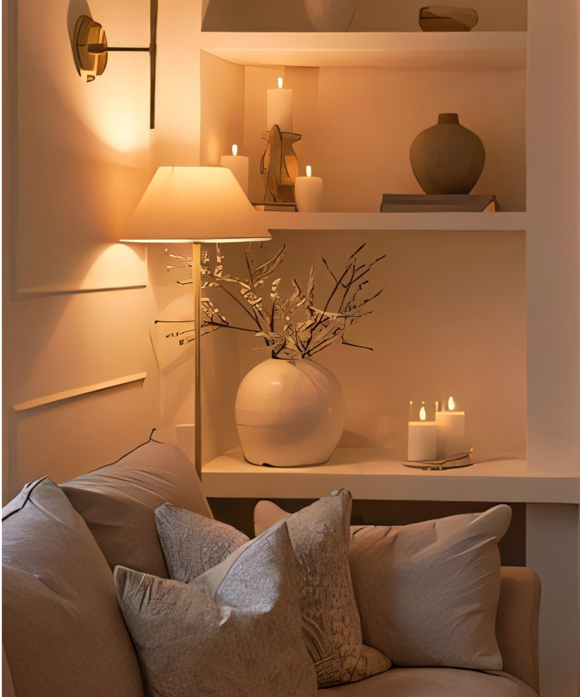 Cream living room with candles and standing light