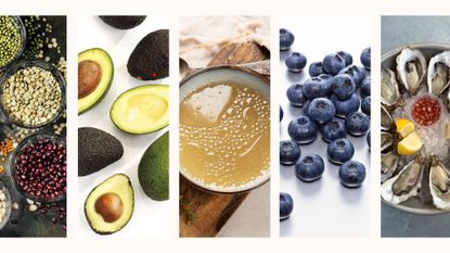 collage of 32 foods to stimulate hair growth, including pulses, avocado and berries