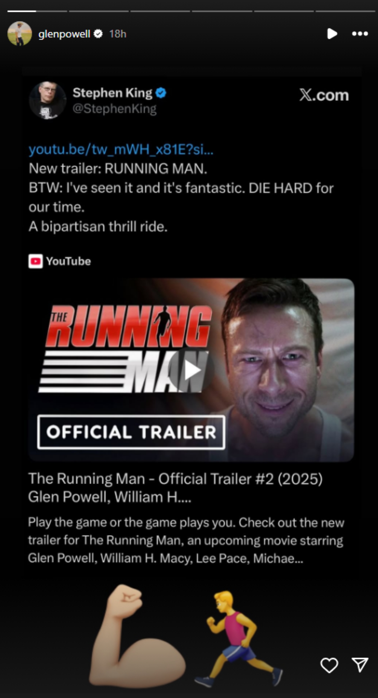 Glen Powell reposting Stephen King&#039;s praise of The Running Man on Instagram