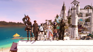 A group of characters in Final Fantasy 14 stand on top of a house roof.