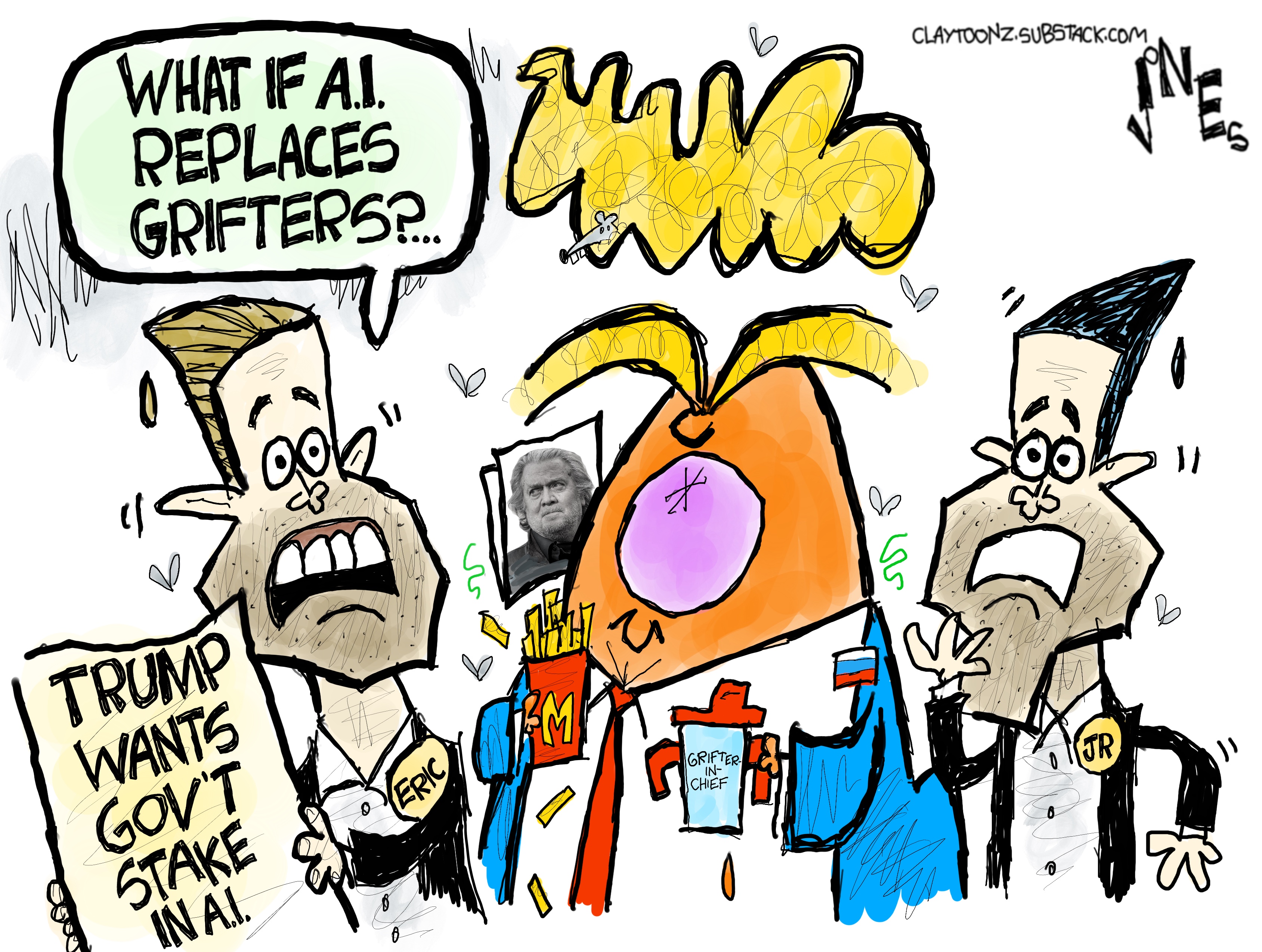 Eric Trump, Donald Trump, and Donald Trump Jr. all look scared. Eric holds a newspaper with the headline, &amp;ldquo;Trump wants gov&amp;rsquo;t stake in A.I.&amp;rdquo; Eric says, &amp;ldquo;What if A.I. replaces grifters?&amp;rdquo;