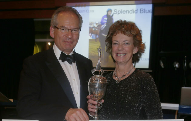 Robert Waley-Cohen presents Jo Boswell with The Jockey Club maiden mares' Series for Splendid Blue Point to Point Awards - Cheltenham 15.11.14 Pic Dan Abraham-racingfotos.com