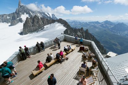 Mont Blanc (Monte Bianco) massif from one of the terraces of Punta Helbronner, in Courmay