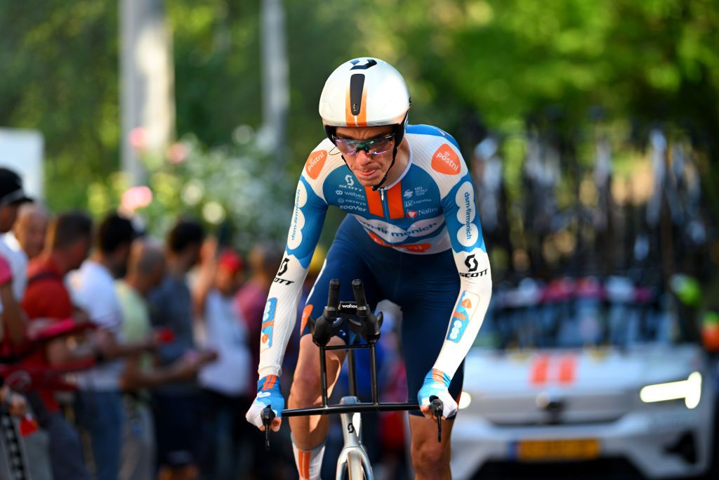 PERUGIA ITALY MAY 10 Romain Bardet of France and Team dsmfirmenich PostNL sprints during the 107th Giro dItalia 2024 Stage 7 a 406km individual time trial stage from Foligno to Perugia 472m UCIWT on May 10 2024 in Perugia Italy Photo by Dario BelingheriGetty Images