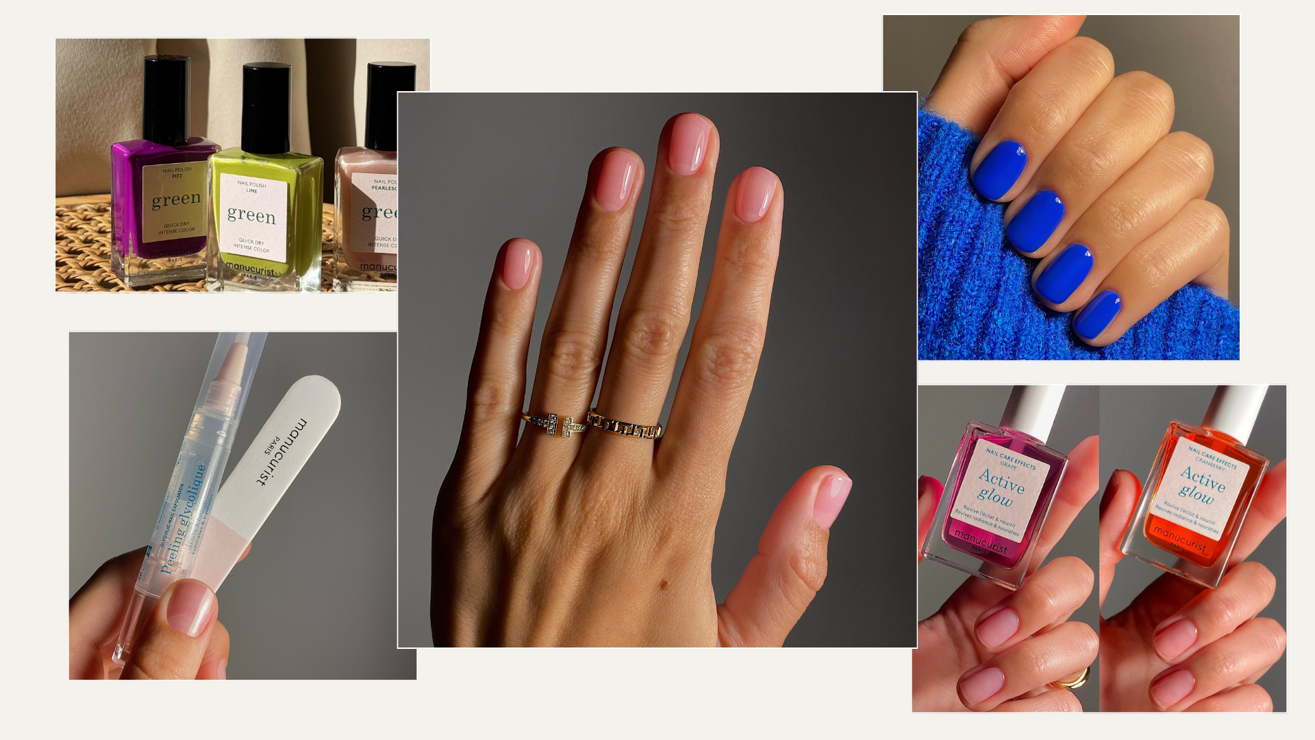 A collage of the best manucurist nail colours painted on nails, with photos of the nail polish bottles