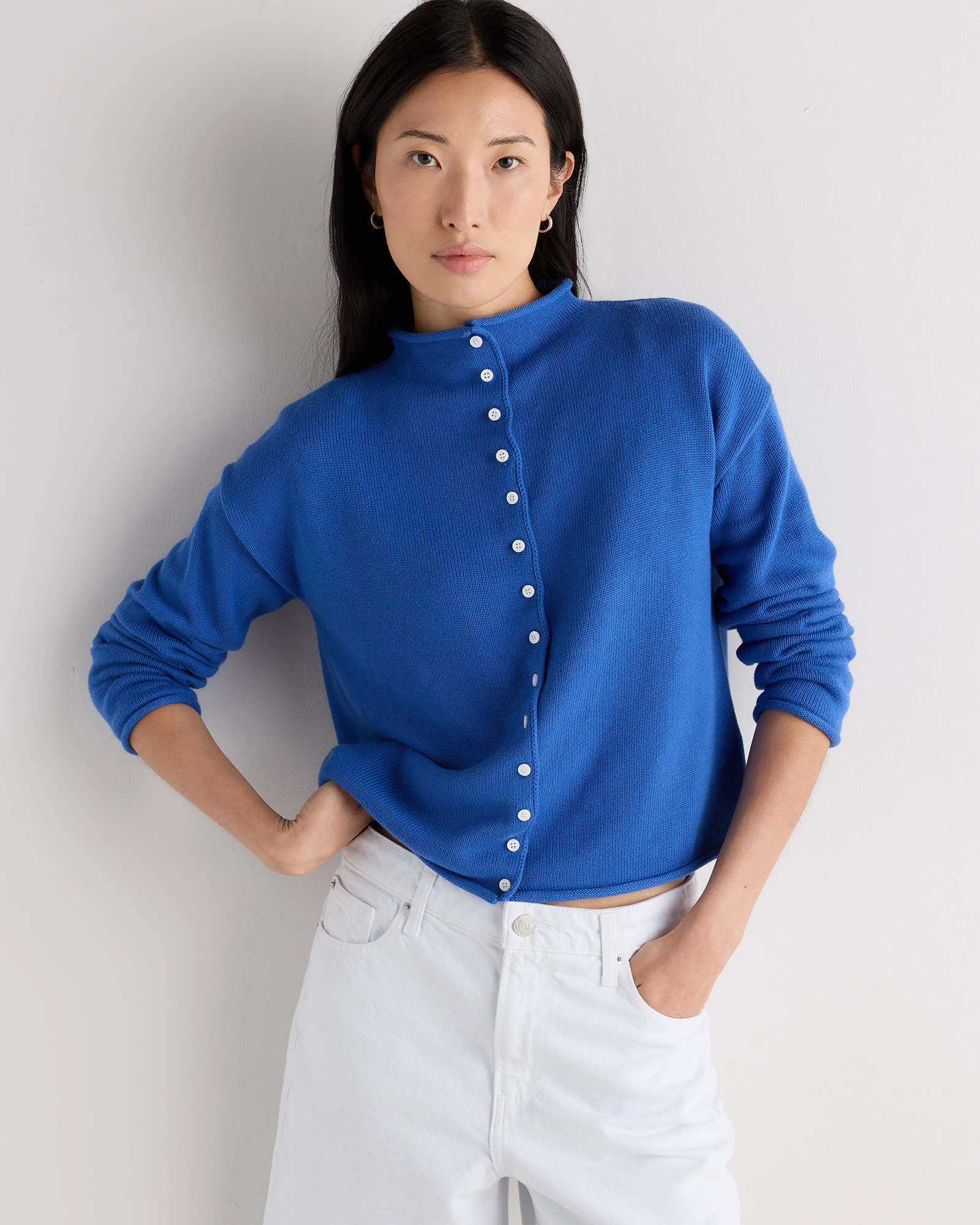 Cotton Cashmere Roll Neck Cardigan in Sapphire Blue