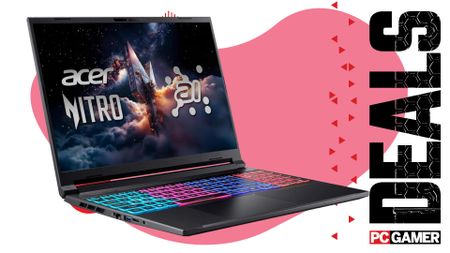 An Acer Nitro V16S gaming laptop on a pink and white background with "deals" text running vertically down the right hand side
