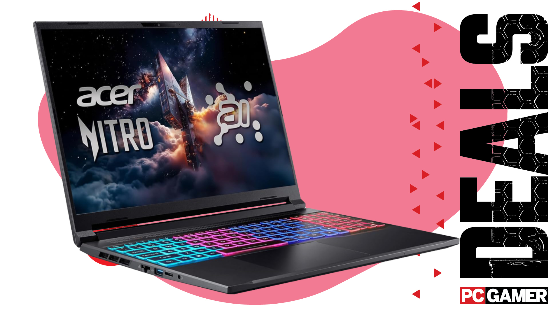 An Acer Nitro V16S gaming laptop on a pink and white background with "deals" text running vertically down the right hand side