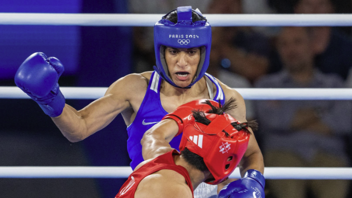  Imane Khelif (blue) of Algeria boxes their way into the Khelif vs Liu women’s welterweight boxing final at Olympics 2024