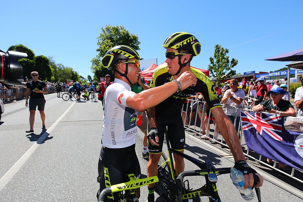 Matthew Hayman congratulates Caleb Ewan on his stage 2 win.