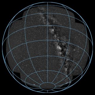 This composite image shows almost all of the sky visible from the southern hemisphere of Earth, including the band of the Milky Way. The five cameras of the Multi-Site All-Sky Camera (MASCARA) station captured the images, which were later assembled into this collage.
