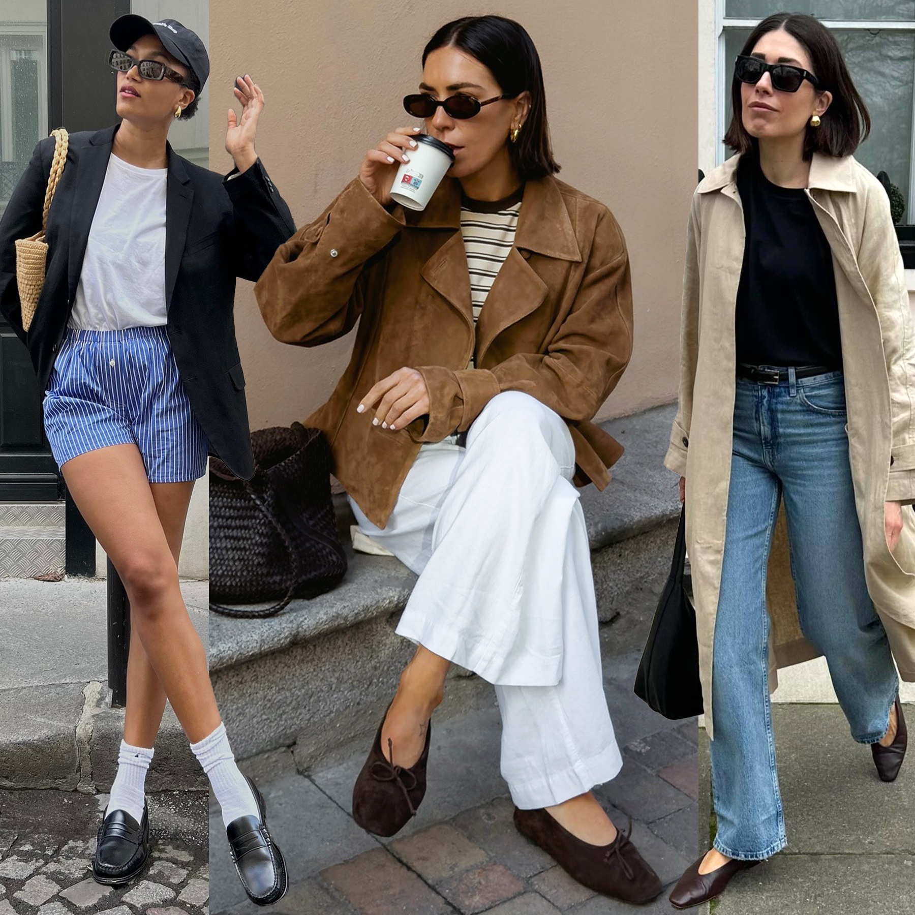 2025 fashion collage of three style influencers including Léna Farouil, Jessica Skye, and Lucy Alston all wearing stylish outfits with chic flats including black loafers, a brown suede ballet flat, and burgundy leather flats