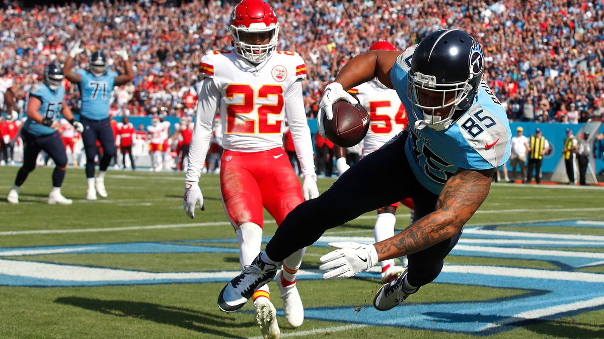 MyCole Pruitt #85 of the Tennessee Titans catches a touchdown pass in the first quarter against the Kansas City Chiefs in the game at Nissan Stadium on Oct. 24, 2021 in Nashville, Tennessee.