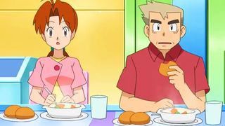 Pokemon's Delia Ketchum and Professor Oak share a meal