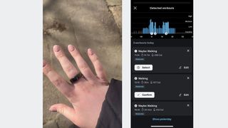 Ciara's hand with the Oura Ring on her finger next to screenshot of automatic activity tracking
