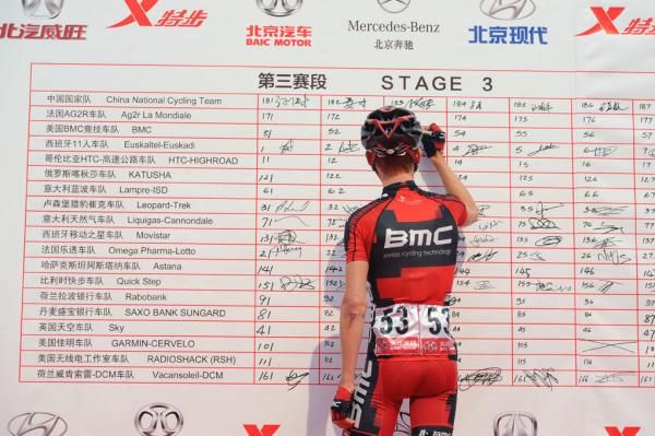 Chris Butler (BMC) signs on before the start.