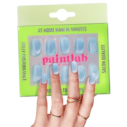 Paintlab Press Nail Manicure Kit, Blue Velvet Cat Eye, 30-Piece Kit, Long-lasting Fake Nails, Glue, File, Preparation Pads and Cuticle Sticks