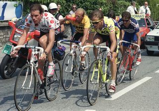 Greg LeMond and Laurent Fignon during the 1989 Tour de France