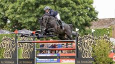 Robert Whitaker and Vermento jump the Al Shira'aa oxer to win the King George V gold cup at Hickstead's Royal International Horse Show