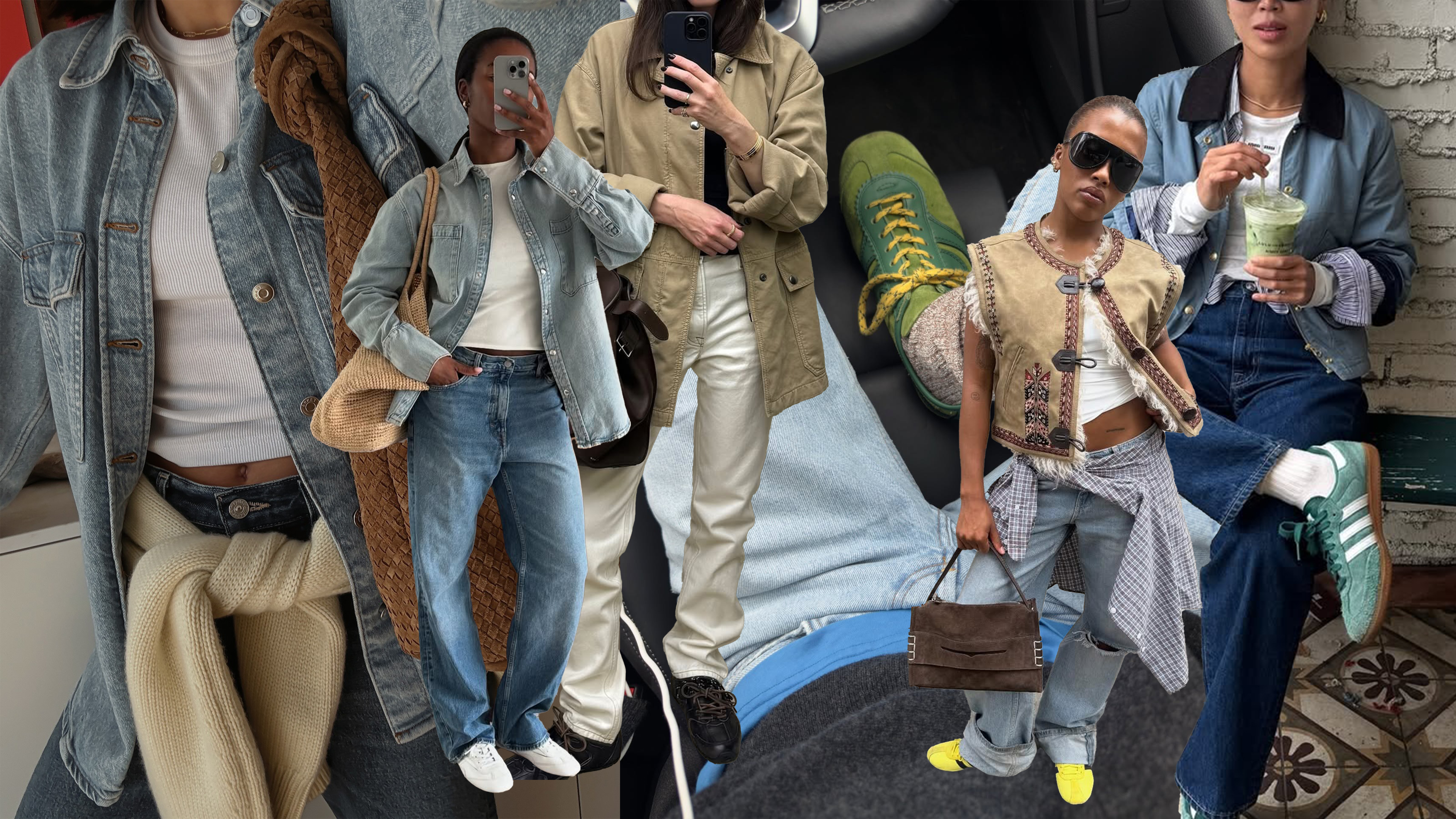 @_jessicaskye wearing Citizen of Humanity jeans, Adidas SL72 sneakers, jean jacket, and a woven bag; @nlmarilyn wearing jeans, white tee, jean button-down, and a straw woven tote; @annabelrosendahl wearing white denim, black shirt, barn coat, and The Row bag; @smythsisters wearing Dries van Noten sneakers, distressed jeans, and a grey sweater; @mv.tianguew wearing jeans, Adidas sneaker, suede shoulder bag, frog-closure vest, and sunglasses; @aimeesong wearing Adidas sneakers, jeans, barn coat, hat, and white shirt