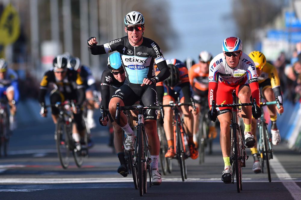 Mark Cavendish celebrates his second win at Kuurne-Brussel-Kuurne.