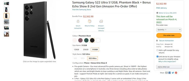A screenshot of a now deleted Amazon Australia store page for the Samsung Galaxy S22 series
