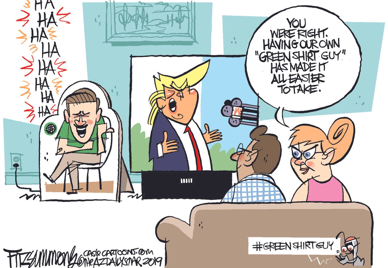 Political Cartoon U.S. Green Shirt Guy Trump Rally Laughing Viral Video