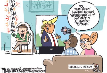 Political Cartoon U.S. Green Shirt Guy Trump Rally Laughing Viral Video