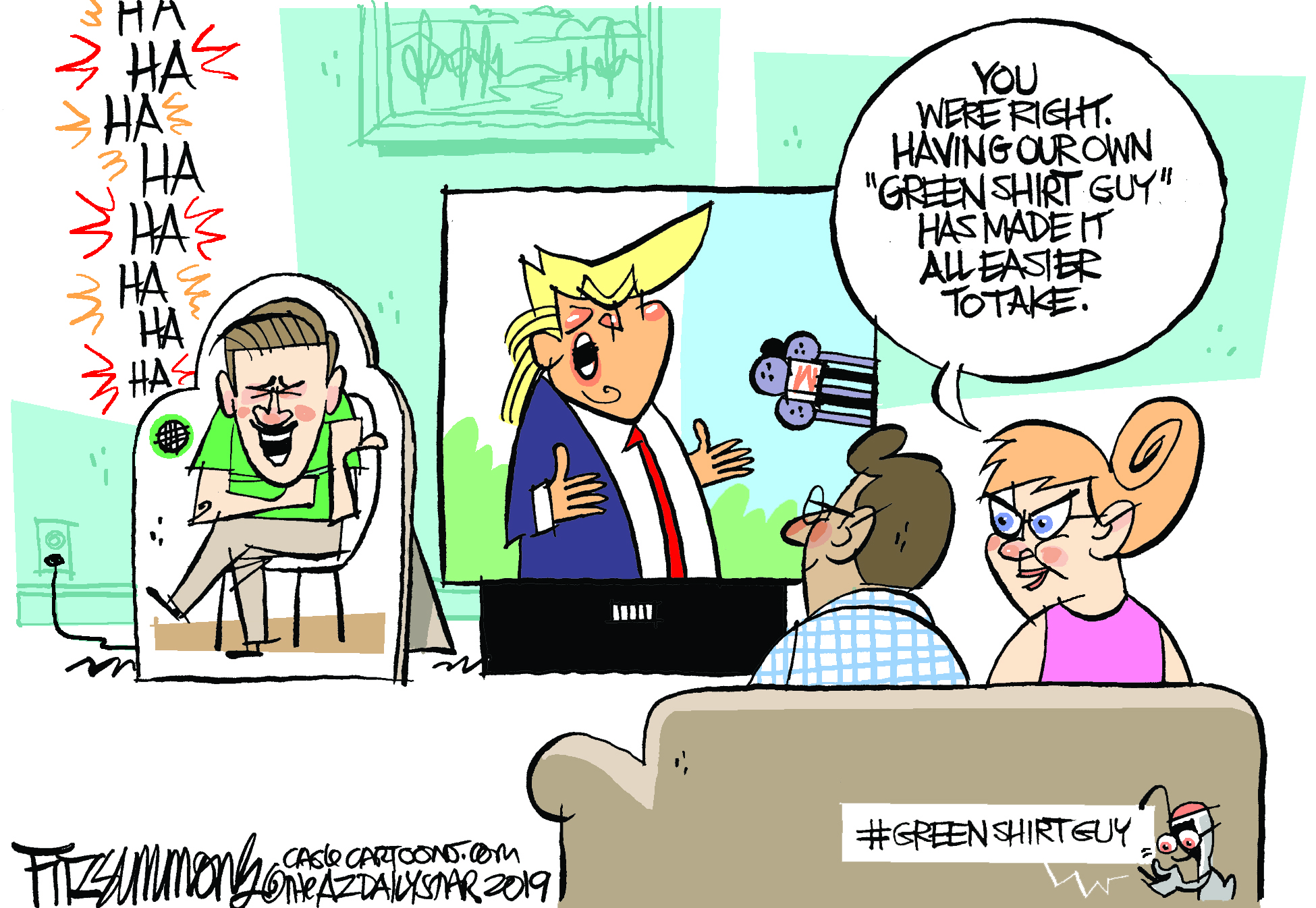 Political Cartoon U.S. Green Shirt Guy Trump Rally Laughing Viral Video