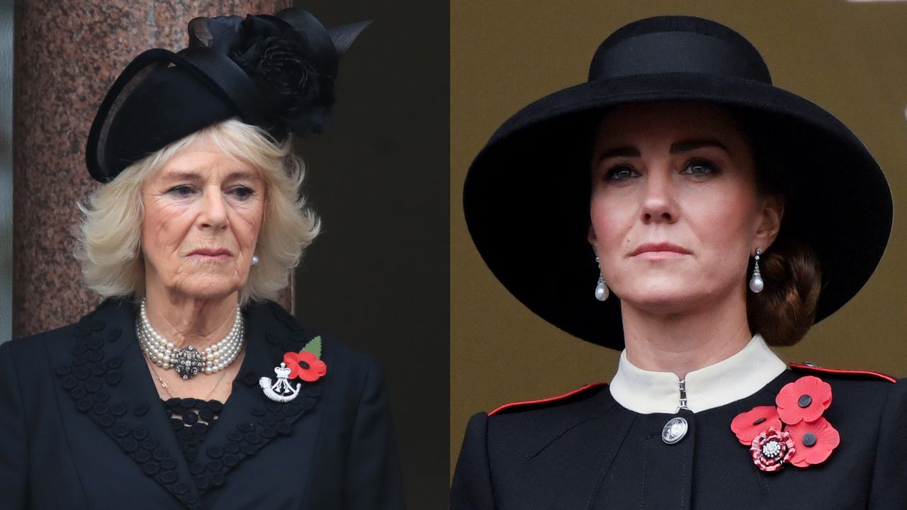 Queen Camilla and Kate Middleton both wearing black coats, black hats and poppy brooches looking serious