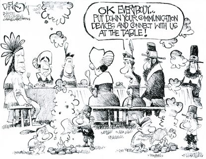 Political cartoon U.S. Thanksgiving technology social media addiction
