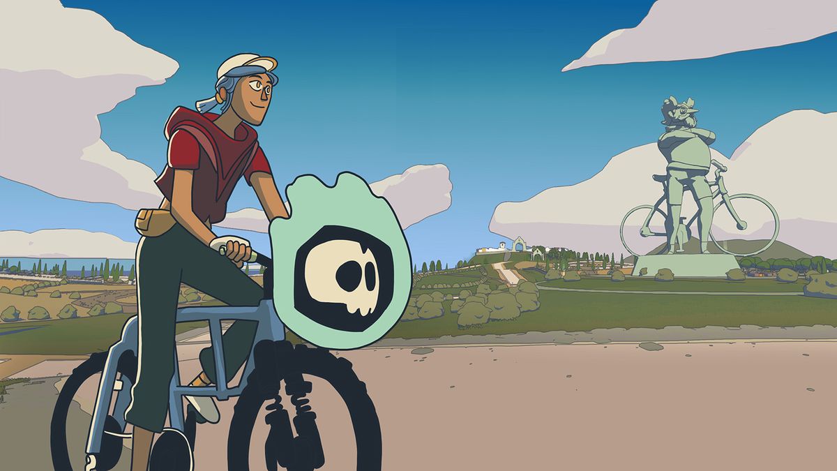 A person riding a bike through an open world