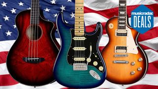 Three guitars with an American flag in the background