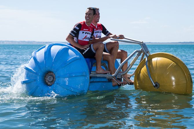 Richie Porte and Koen de Kort (Trek-Segafredo) put in a half-hearted attack on their aqua bike on Phillip Island, in Victoria, Australia, the day before the start of the 2019 Herald Sun Tour