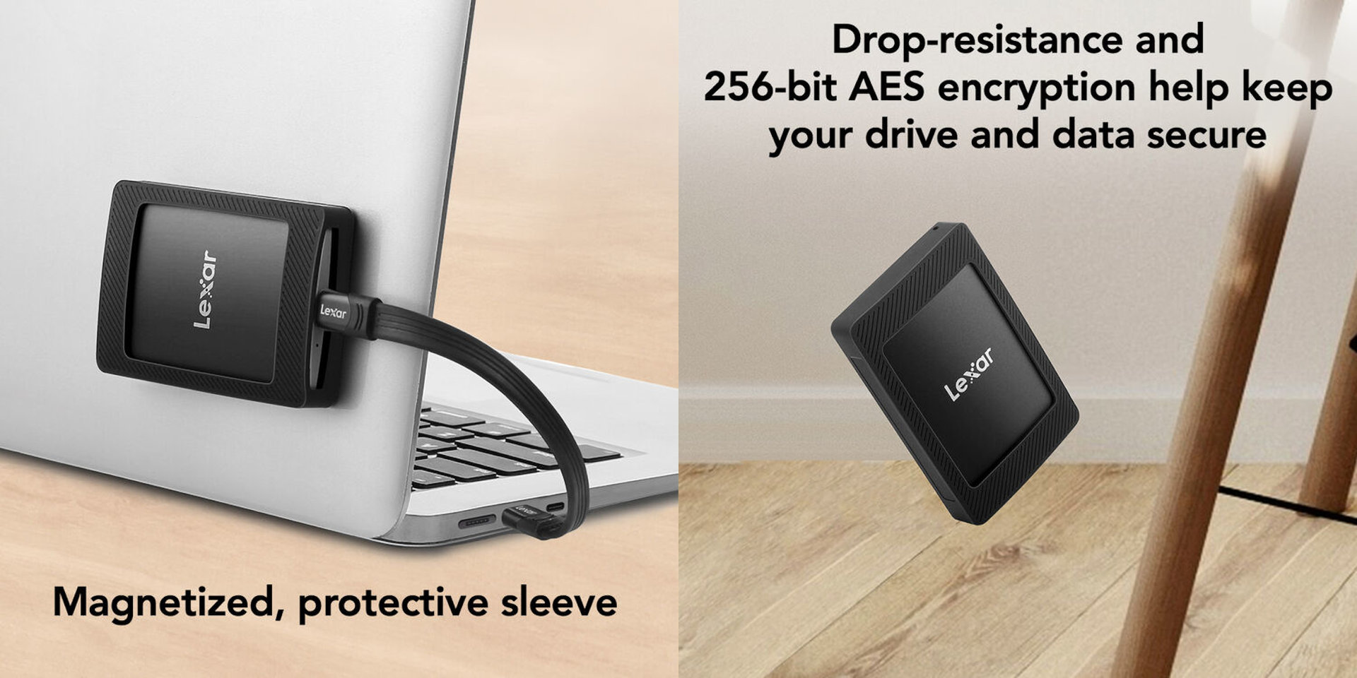 A pair of promotional images highlighting some of the features of the Lexar SL500 external SSD