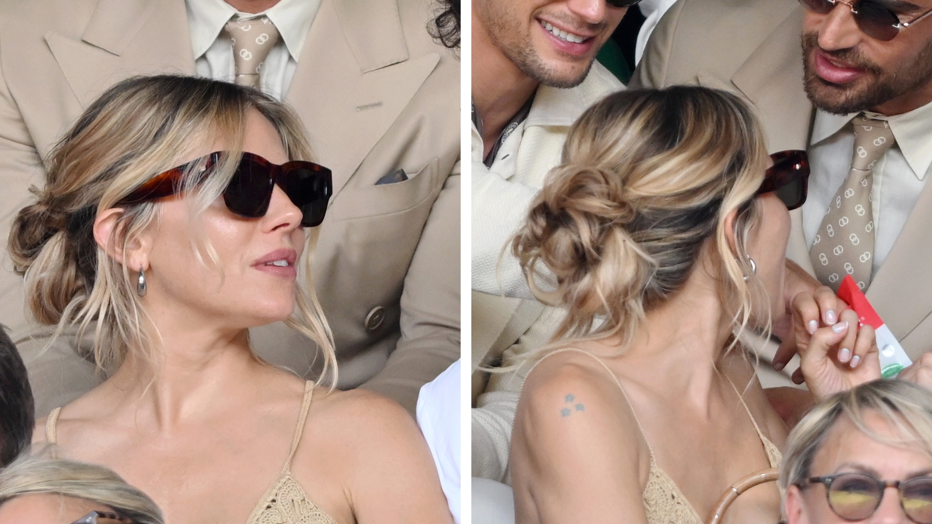 On the left is a close-up of Sienna Miller, who is wearing sunglasses and pictured with her head turned to one side, showing her tousled updo during day fourteen of the Wimbledon Tennis Championships on July 13, 2025 in London, England. And on the right, is a picture from the same moment, but showing the back of her head - giving a glimpse at her loose bun-like hairstyle.
