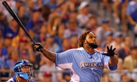 Detroit Tigers slugger Prince Fielder bats during Monday&amp;#039;s All-Star Home Run Derby, which he won for the second time, becoming the only player other than Ken Griffey Jr. with multiple titles.