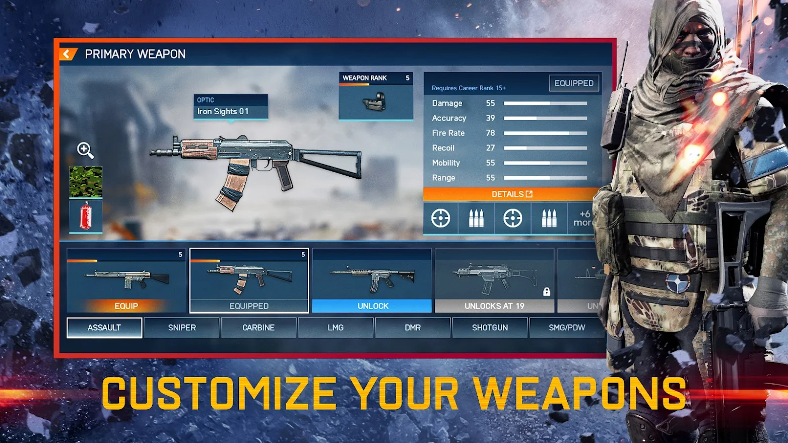A screenshot of the Battlefield Mobile character customization screen