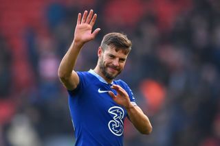 Cesar Azpilicueta of Chelsea acknowledges the fans after their 500th appearance for Chelsea after the draw during the Premier League match between Liverpool FC and Chelsea FC at Anfield on January 21, 2023 in Liverpool, England.