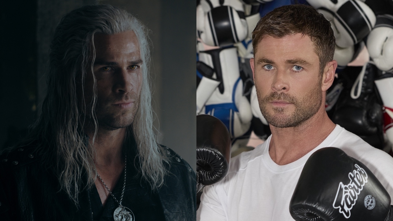 Liam Hemsworth looking thoughtful on The Witcher and Chris Hemsworth ready for a fight on Limitless