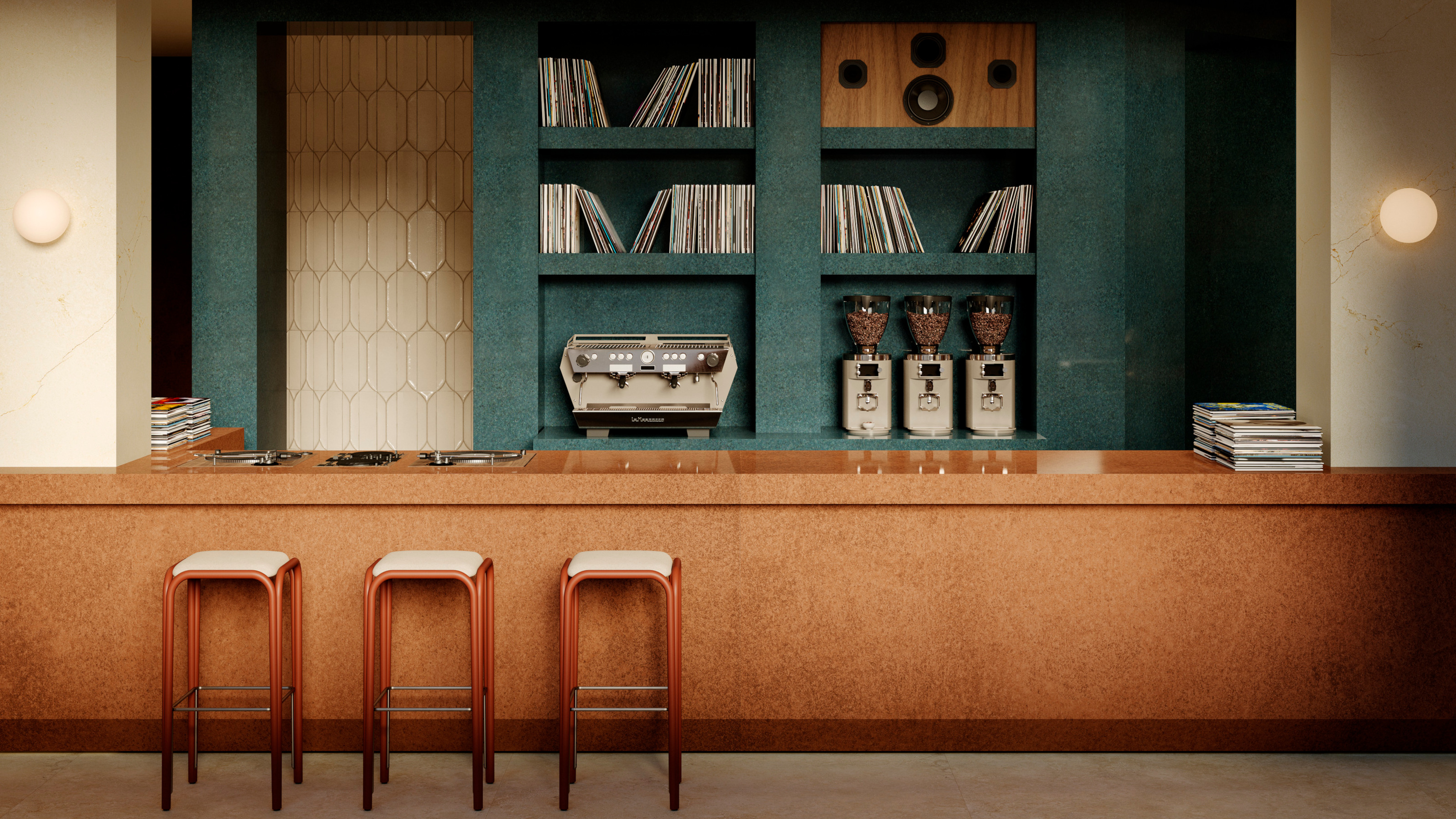Listening bar with burl wood bar, teal cupboards and teak bar stools